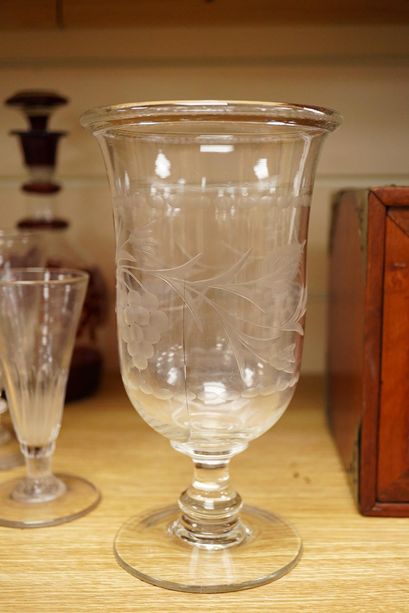 Assorted wine glasses, celery vase, overlaid decanter - 24cm high and a Victorian bone china comport.